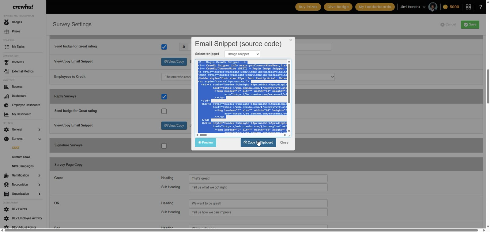 Email Snippet window with the Copy to Clipboard button