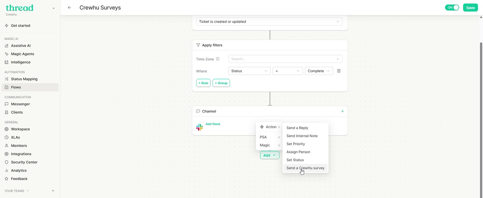 Add menu with the Send a Crewhu survey action