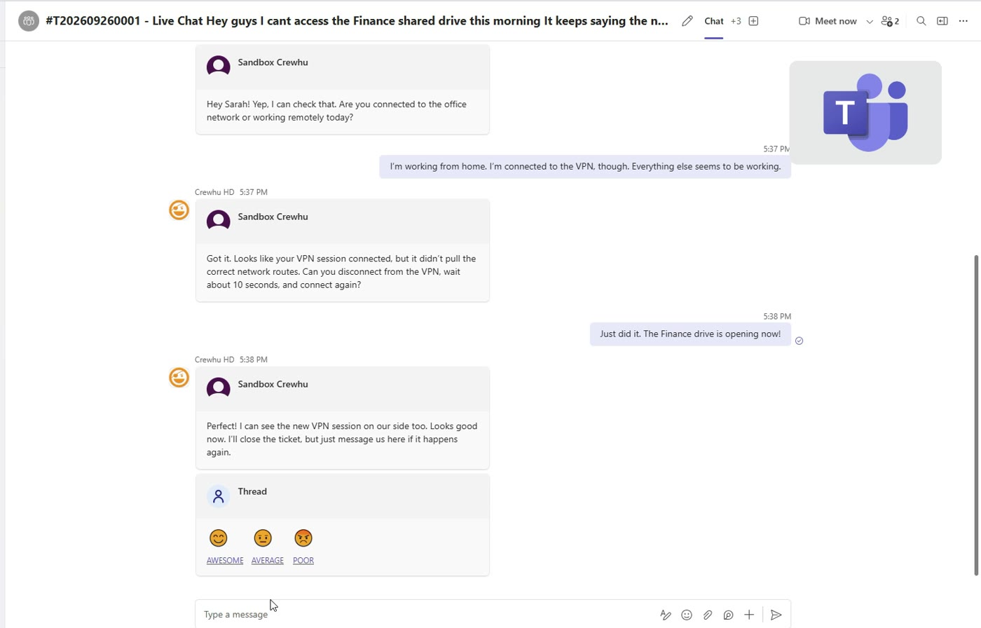 Crewhu rating card in a Microsoft Teams ticket chat