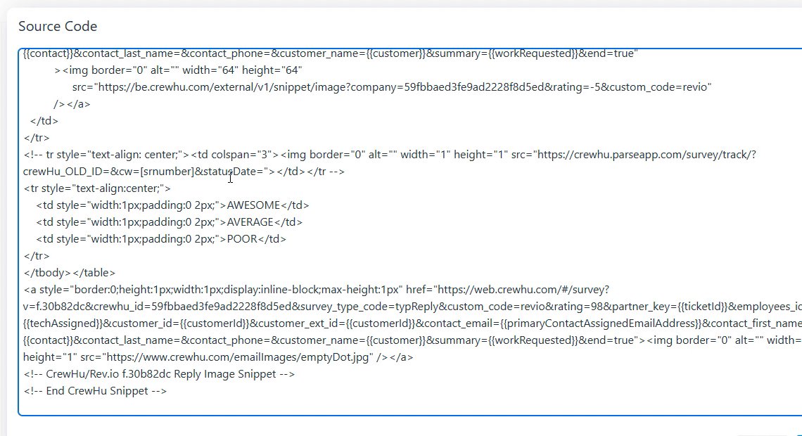 Rev.io Source Code window with the Crewhu snippet pasted in the email body