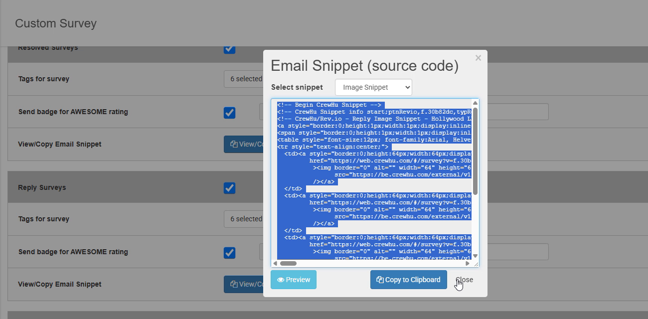 Email Snippet window in Crewhu Custom Survey, with Copy to Clipboard